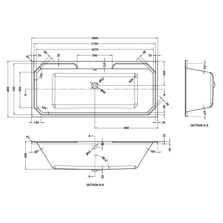 NLB114 Nuie Ascott Art Deco 1800 x 800mm Double Ended Bath Line Drawing