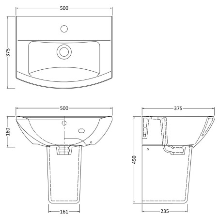 CSS003 Nuie Asselby 500mm 1TH Basin and Semi Pedestal Line Drawing