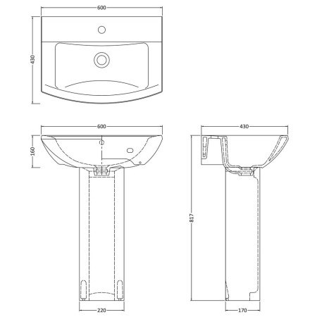 CSS002 Nuie Asselby 600mm 1TH Basin and Pedestal Line Drawing