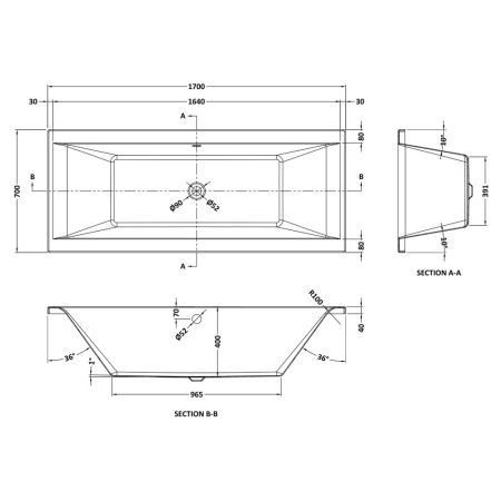 NBA209 Nuie Asselby Double Ended 1700 x 700mm Squared Bath Line Drawing