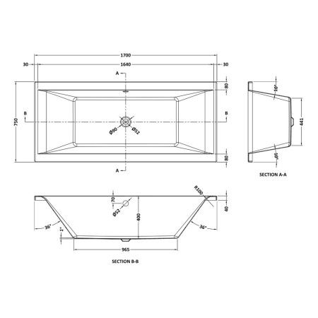 NBA210 Nuie Asselby Double Ended 1700 x 750mm Squared Bath Line Drawing