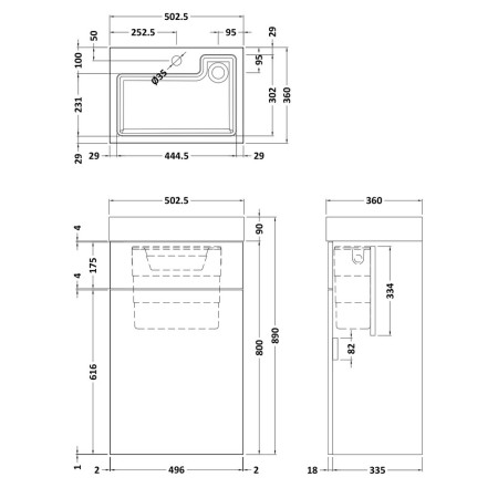 PRC3045CB Nuie Athena 2 In 1 Bleached Oak WC and Vanity Unit Line Drawing
