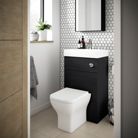 PRC645CB Nuie Athena 2 In 1 Charcoal Black Woodgrain WC and Vanity Unit Lifestyle