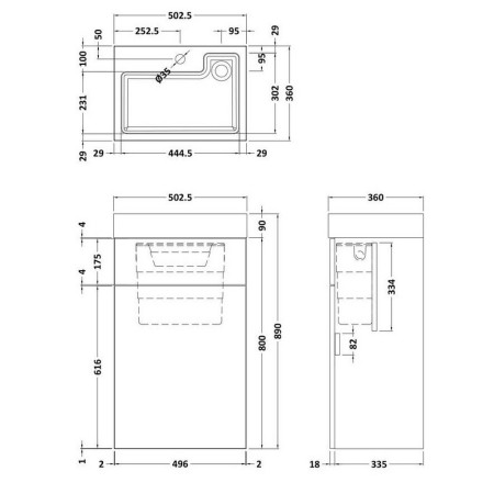PRC145CB Nuie Athena 2 In 1 Gloss White WC and Vanity Unit Line Drawing