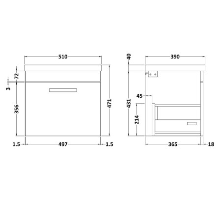 ATH011 Nuie Athena 500mm Anthracite Woodgrain One Drawer Wall Hung Vanity Unit with Basin Line Drawing