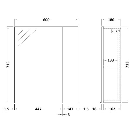 OFF618 Nuie Athena 600mm Mirror Cabinet 75/25 Charcoal Black Woodgrain Line Drawing