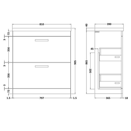 ATH055 Nuie Athena 800mm Gloss White Floor Standing Vanity Unit with Basin Line Drawing