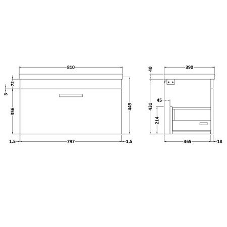 ATH061 Nuie Athena 800mm Charcoal Black Woodgrain One Drawer Wall Hung Vanity Unit Line Drawing