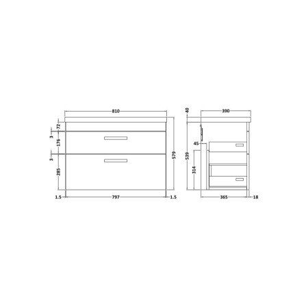 ATH067 Nuie Athena 800mm Anthracite Woodgrain Two Drawer Wall Hung Vanity Unit Line Drawing