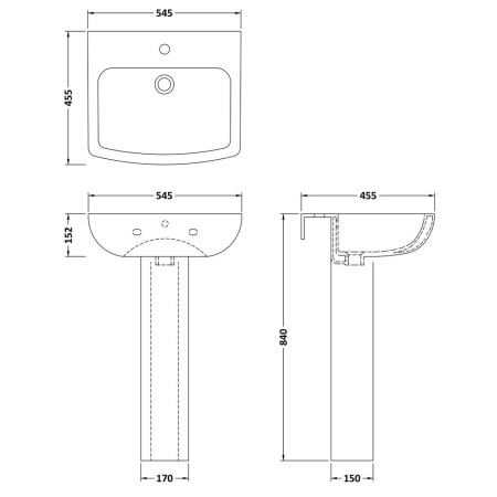 NCG400 Nuie Ava 545mm 1TH Basin and Pedestal Line Drawing