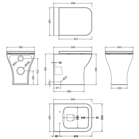 NCG406 Nuie Ava Back To Wall Rimless Pan and Soft Close Seat Line Drawing