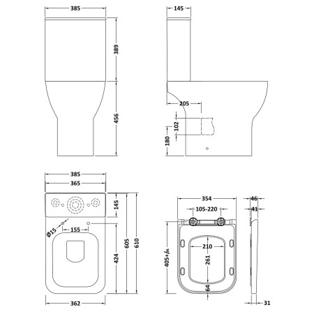 NCG491 Nuie Ava Rimless Comfort Height Pan With Cistern and Soft Closing Seat Dimensions