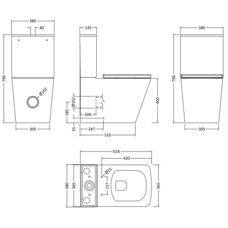 NCG550 Nuie Orlen Flush To Wall WC With Cistern and Soft Close Seat Line Drawing