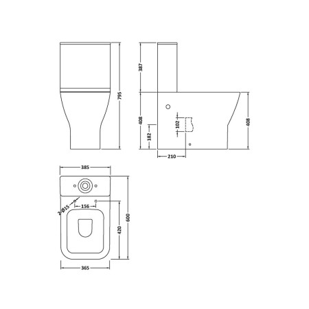 NCG451 Nuie Ava Rimless Flush to Wall Pan With Cistern and Soft Closing Seat Line Drawing