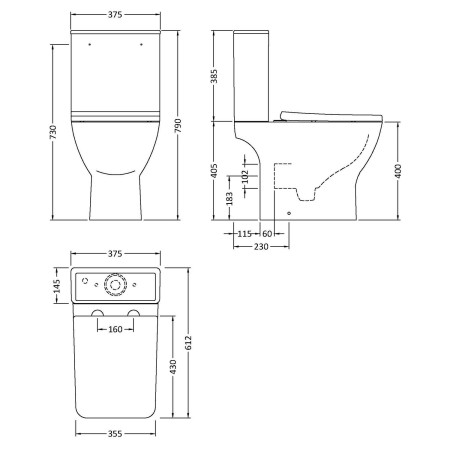 NCG450 Nuie Ava Rimless Pan With Cistern and Soft Close Seat Line Drawing