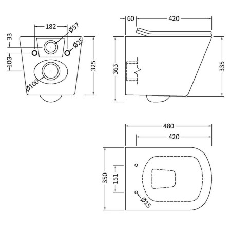 NCG440 Nuie Ava Rimless Wall Hung Pan and Seat Line Drawing