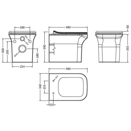 NCG540 Nuie Ava Wall Hung Rimless Pan and Soft Close Seat Line Drawing