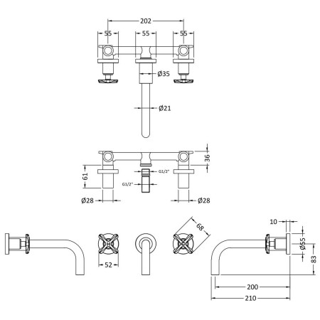 CLX817 Nuie Aztec 3TH Wall Mounted Basin Mixer in Brushed Brass Dimensions