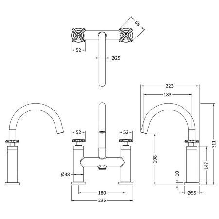 CLX853 Nuie Aztec Bath Filler in Brushed Brass Line Drawing