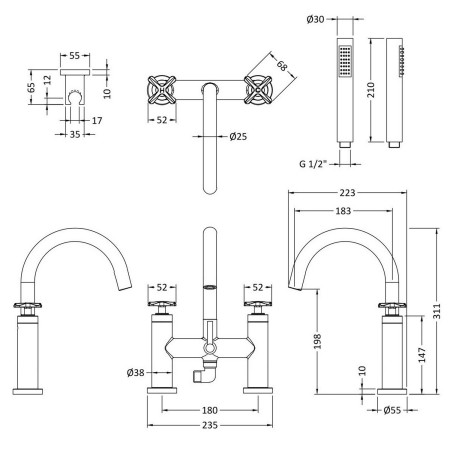 CLX354 Nuie Aztec Bath Shower Mixer in Chrome Dimensions