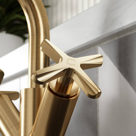 CLX815 Nuie Aztec Mono Basin Mixer with Push Waste in Brushed Brass Cross Handle