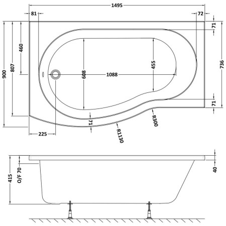 WBB1585L Nuie B Shaped Left Hand 1500 x 900mm Shower Bath Line Drawing