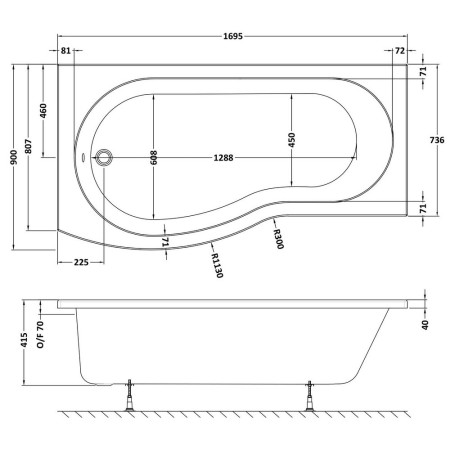 WBB1785L Nuie B Shaped Left Hand 1700 x 900mm Shower Bath Line Drawing