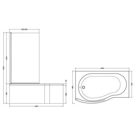 SBATH20 Nuie B Shaped Left Handed 1500 x 900mm Shower Bath Set Line Drawing