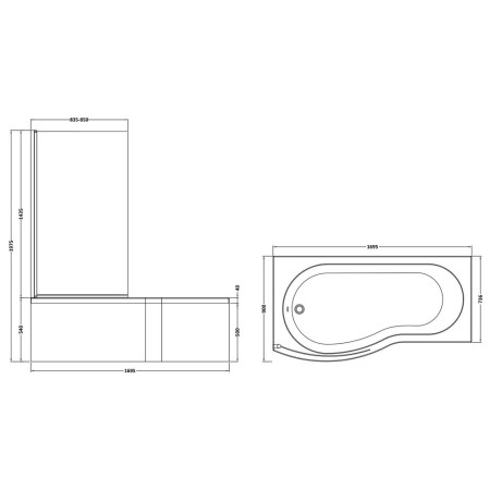 SBATH07 Nuie B Shaped Left Handed 1700 x 900mm Shower Bath Set Line Drawing