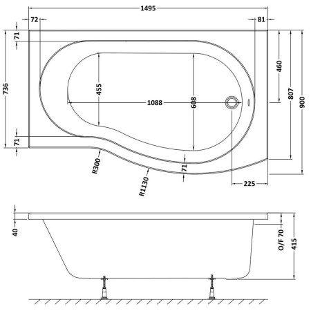 WBB1585R Nuie B Shaped Right Hand 1500 x 900mm Shower Bath Line Drawing