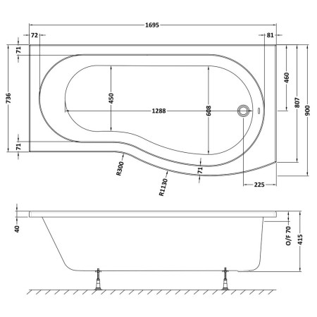 WBB1785R Nuie B Shaped Right Hand 1700 x 900mm Shower Bath Line Drawing