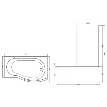 SBATH21 Nuie B Shaped Right Handed 1500 x 900mm Shower Bath Set Line Drawing