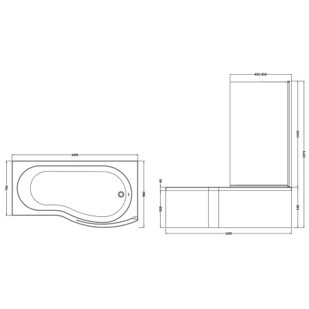 SBATH08 Nuie B Shaped Right Handed 1700 x 900mm Shower Bath Set Line Drawing