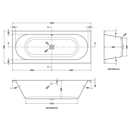 BDE009 Nuie Barmby Round Double Ended 1700 x 700mm Eternalite Bath Line Drawing
