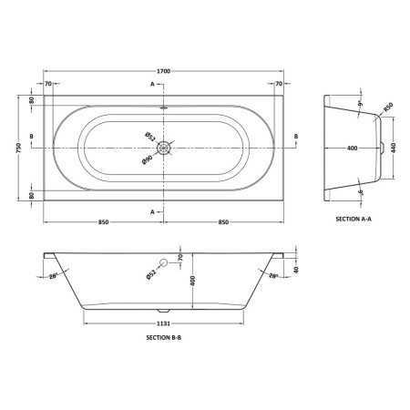 BDE010 Nuie Barmby Round Double Ended 1700 x 750mm Eternalite Bath Line Drawing
