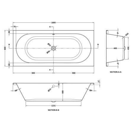BDE011 Nuie Barmby Round Double Ended 1800 x 800mm Eternalite Bath Line Drawing