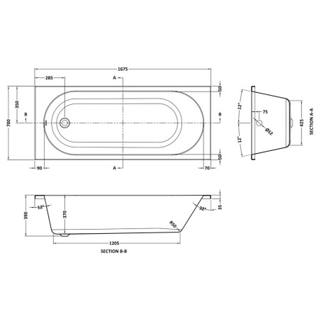 NBA308 Nuie Barmby Round Single Ended 1675 x 700mm Bath Line Drawing