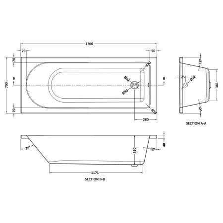 BMON013 Nuie Barmby Round Single Ended 1700 x 700mm Eternalite Bath Line Drawing