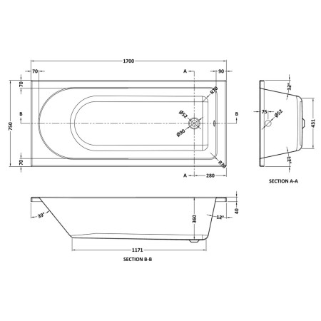 BMON014 Nuie Barmby Round Single Ended 1700 x 750mm Eternalite Bath Line Drawing