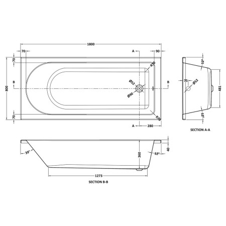 BMON015 Nuie Barmby Round Single Ended 1800 x 800mm Eternalite Bath Line Drawing