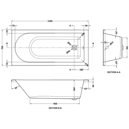 NBA605 Nuie Barmby Single Ended 1500 x 700mm Rounded Bath Line Drawing