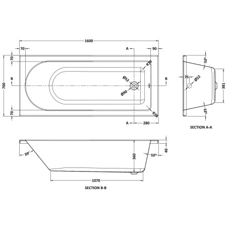 NBA607 Nuie Barmby Single Ended 1600 x 700mm Rounded Bath Line Drawing