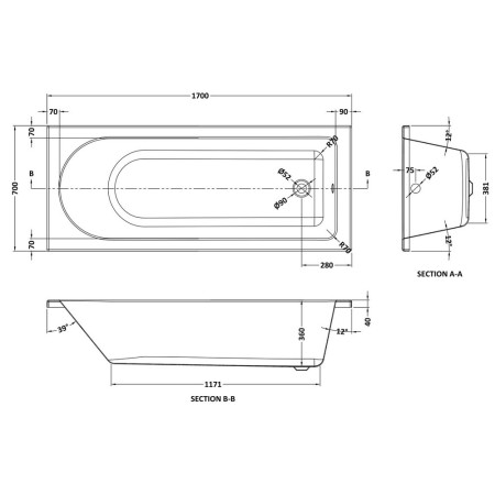 NBA609 Nuie Barmby Single Ended 1700 x 700mm Rounded Bath Line Drawing
