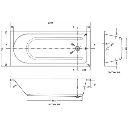 NBA610 Nuie Barmby Single Ended 1700 x 750mm Rounded Bath Line Drawing