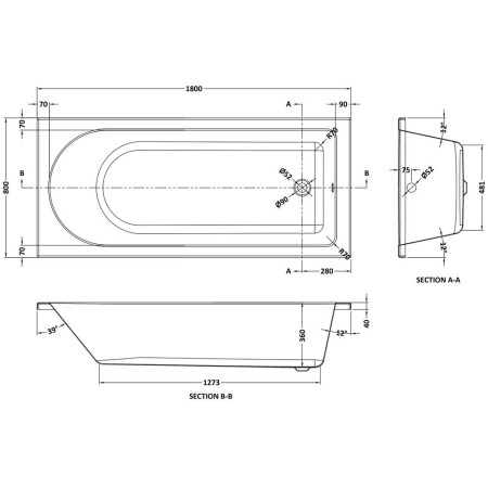 NBA614 Nuie Barmby Single Ended 1800 x 800mm Rounded Bath Line Drawing