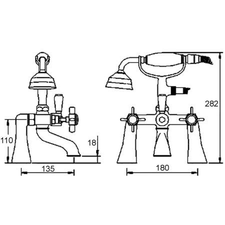 I804X Nuie Beaumont Brushed Brass Bath Shower Mixer Line Drawing