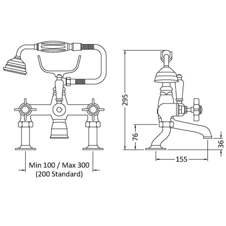 I803X Nuie Beaumont Brushed Brass Luxury Cranked Bath Shower Mixer Line Drawing