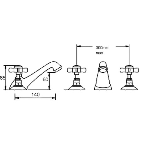 I807X Nuie Beaumont Brushed Brass Three Tap Hole Basin Mixer with Waste Line Drawing