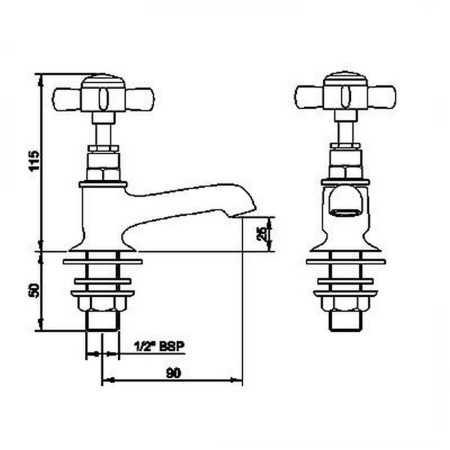 I321XE Nuie Beaumont Traditional Basin Taps Pair Line Drawing
