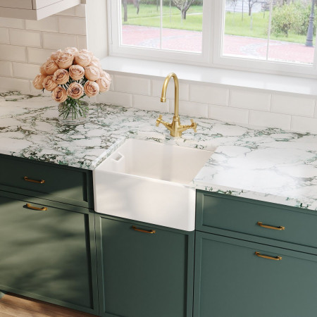 BE11018 Nuie Belfast 460 x 380mm White Fireclay Kitchen Sink with Brushed Brass Tap